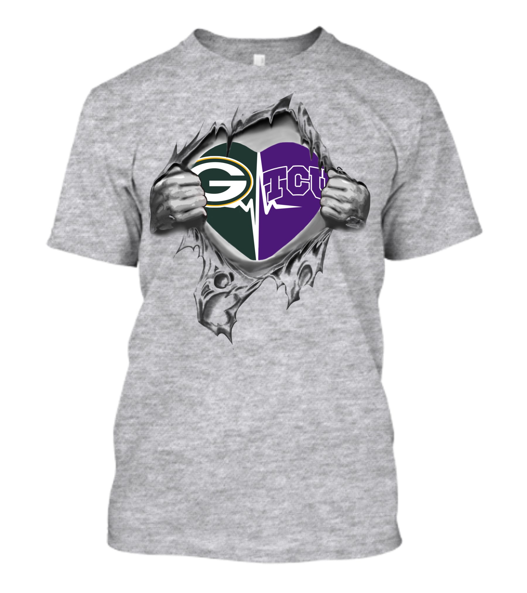 Green Bay Packers TCU Horned Frogs Heart Rip Through T-Shirt