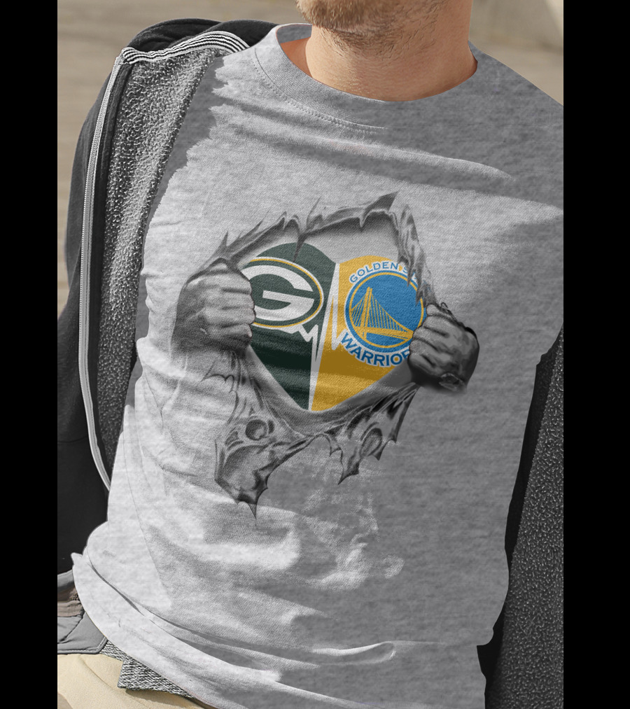Green Bay Packers Golden State Warriors Logos In Torn T-Shirt