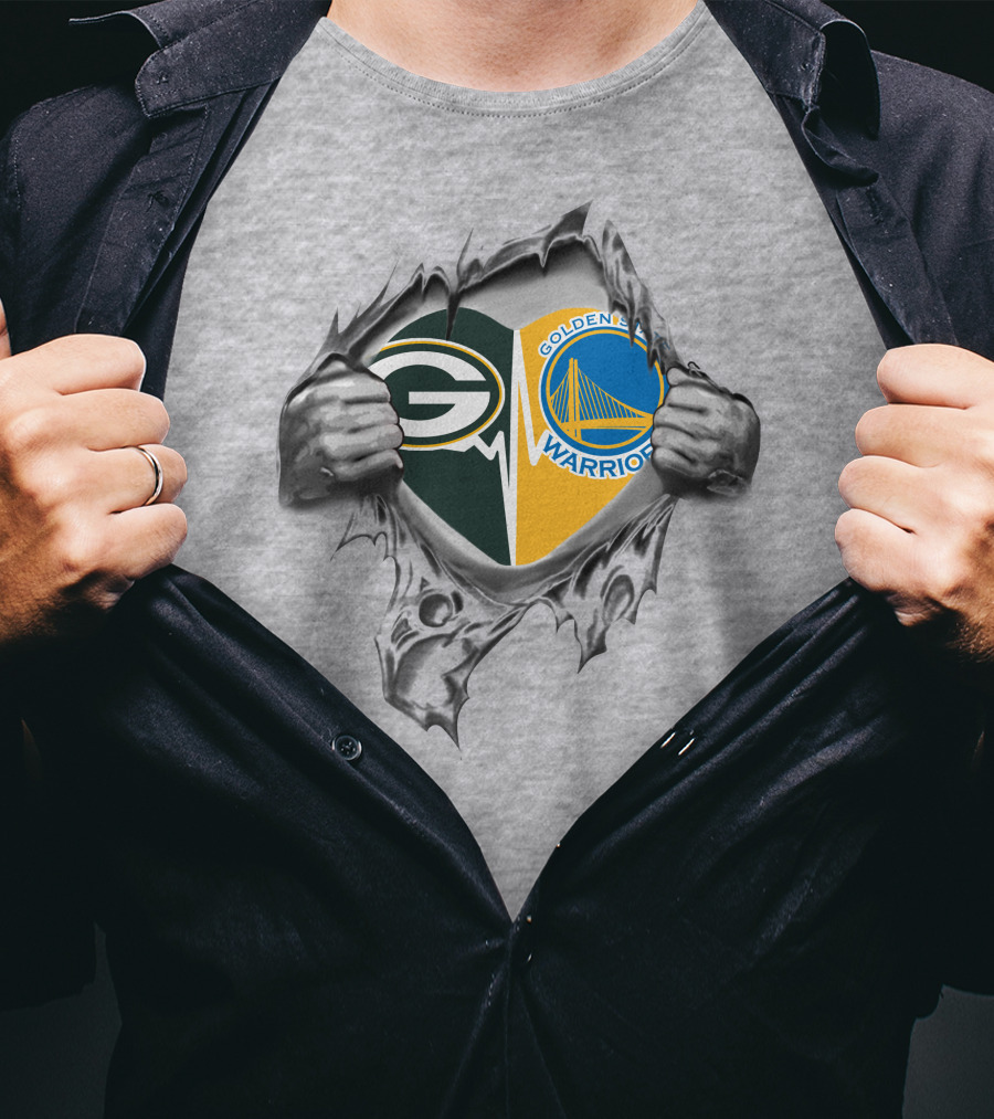 Green Bay Packers Golden State Warriors Logos In Torn T-Shirt