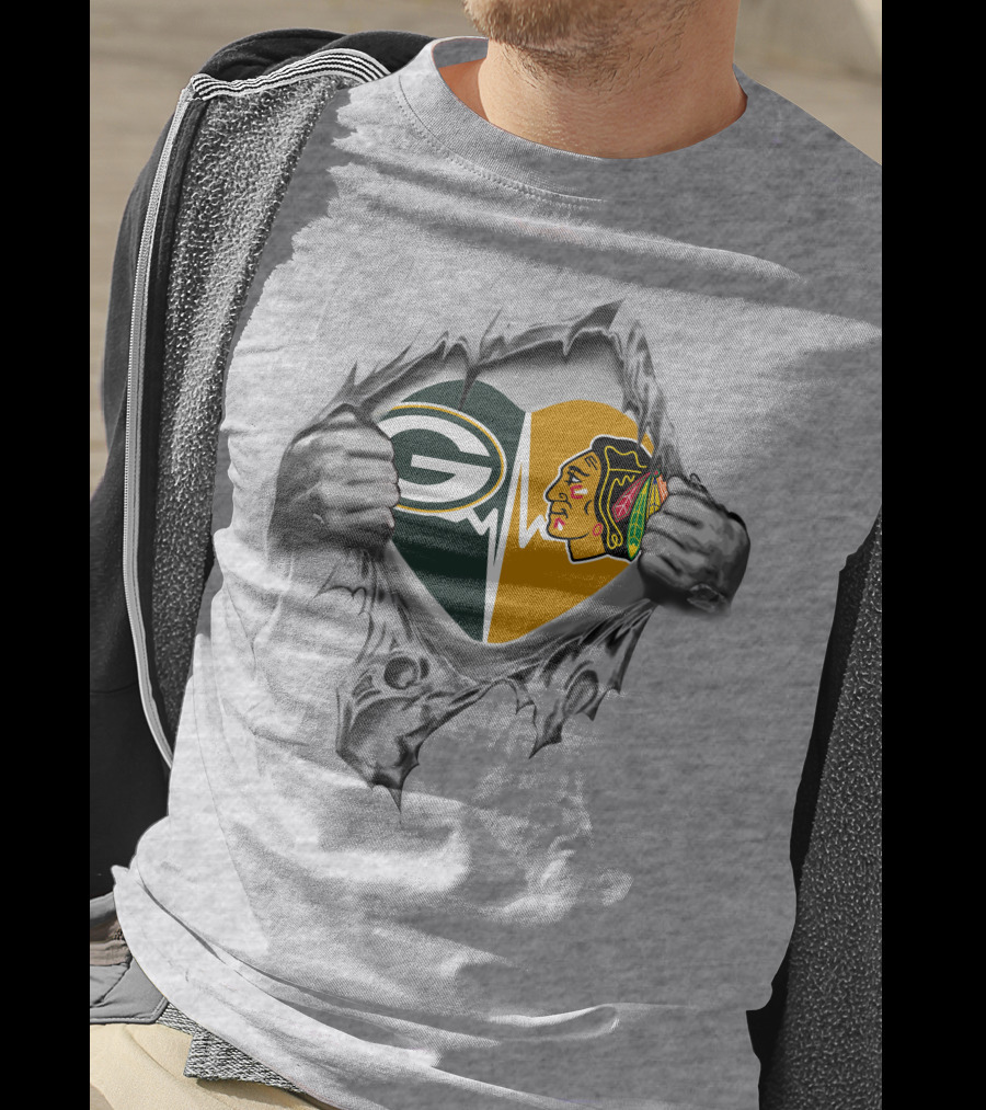 Green Bay Packers Chicago Blackhawks Heartbeat Rip T-Shirt