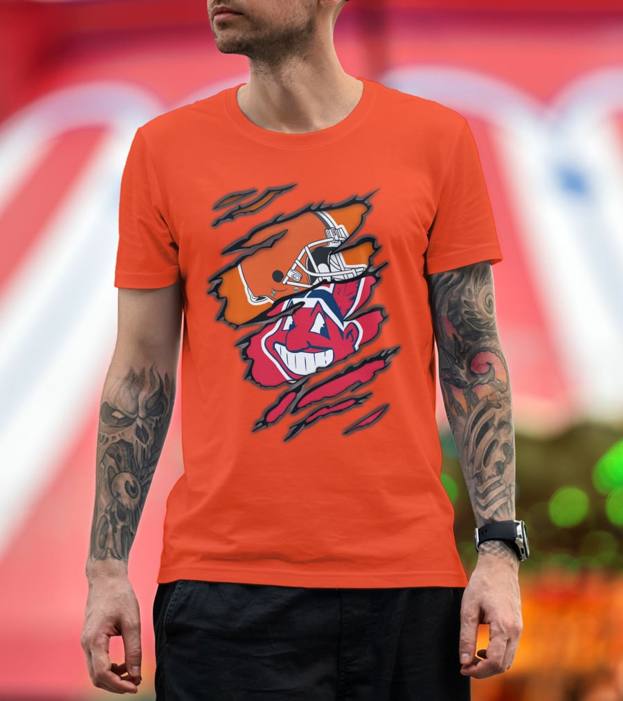 Cleveland Browns Helmet Retro Indians Chief Wahoo Claw Marks Logo Combination T-Shirt
