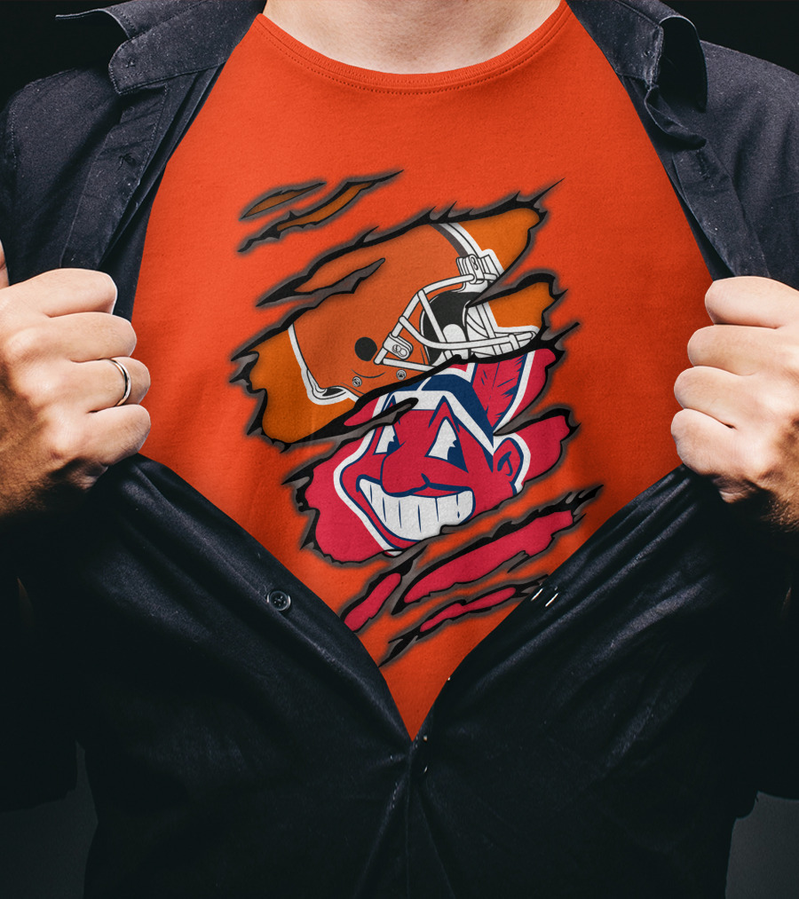 Cleveland Browns Helmet Retro Indians Chief Wahoo Claw Marks Logo Combination T-Shirt