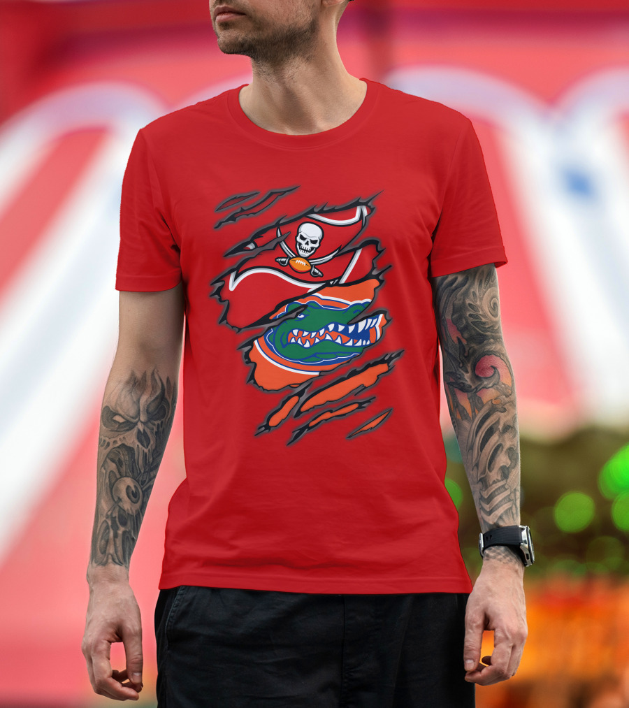 Buccaneers Gators Skull Football and Alligator Dual Logo Burst T-Shirt