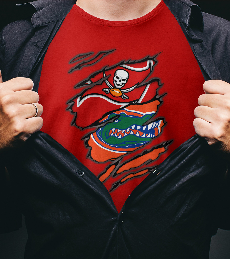 Buccaneers Gators Skull Football And Alligator Dual Logo Burst T-Shirt