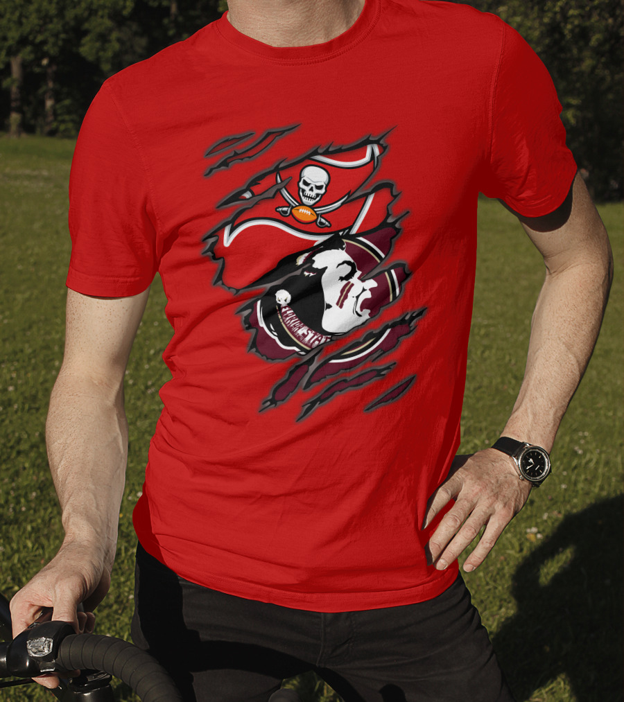 Buccaneers Seminoles Skull And Tomahawk Football Fusion T-Shirt
