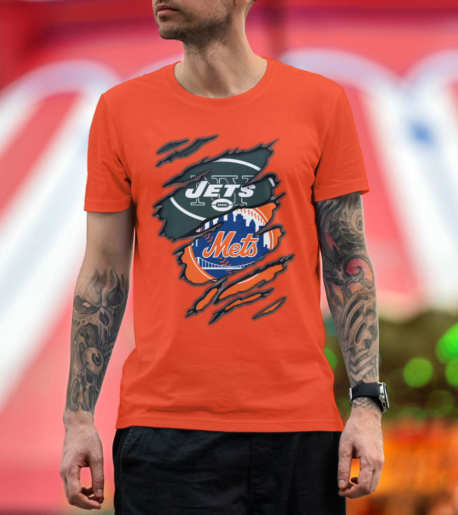 Jets Mets Nfl Mlb Ripped Logo Fusion T-Shirt
