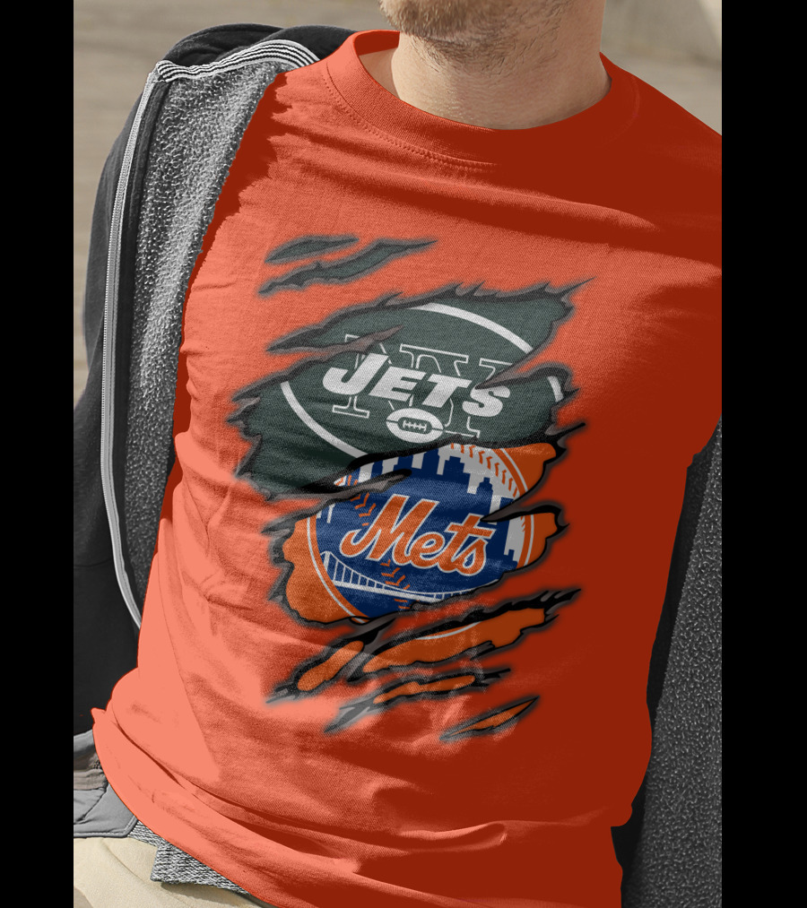 Jets Mets Nfl Mlb Ripped Logo Fusion T-Shirt