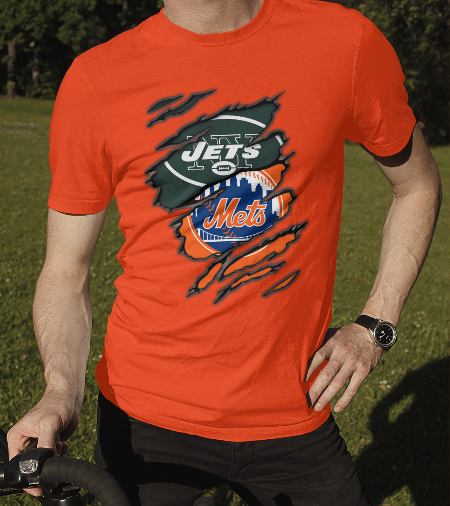 Jets Mets Nfl Mlb Ripped Logo Fusion T-Shirt