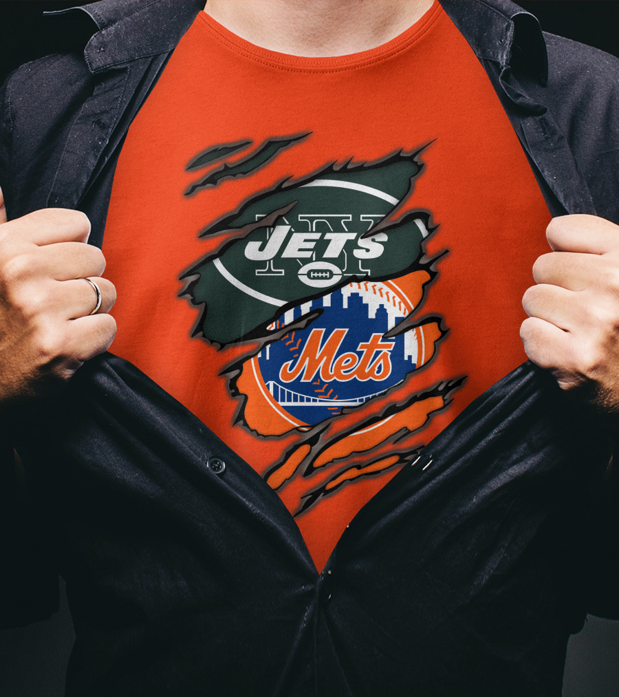 Jets Mets Nfl Mlb Ripped Logo Fusion T-Shirt