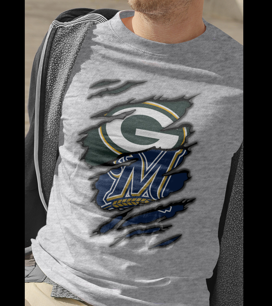 Green Bay Packers Milwaukee Brewers Logos Torn Claw Marks T-Shirt