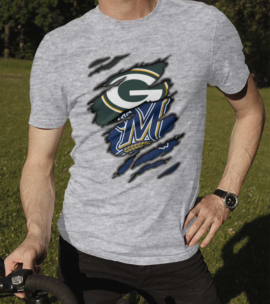 Green Bay Packers Milwaukee Brewers Logos Torn Claw Marks T-Shirt