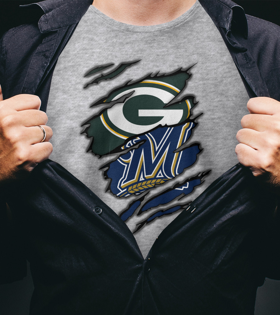 Green Bay Packers Milwaukee Brewers Logos Torn Claw Marks T-Shirt