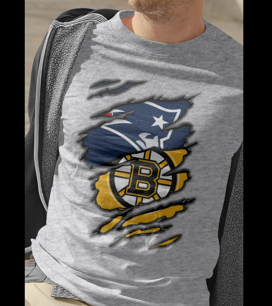 Patriots Bruins New England Football Boston Hockey Fan Collaboration T-Shirt