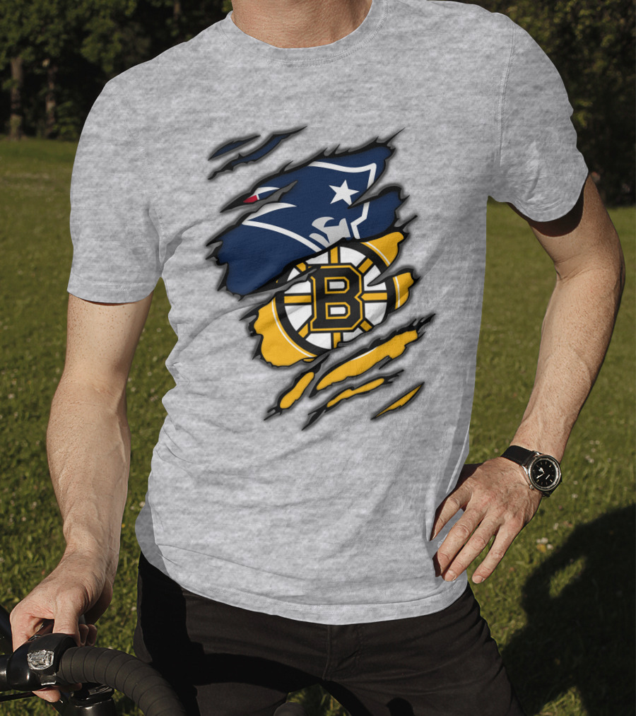 Patriots Bruins New England Football Boston Hockey Fan Collaboration T-Shirt