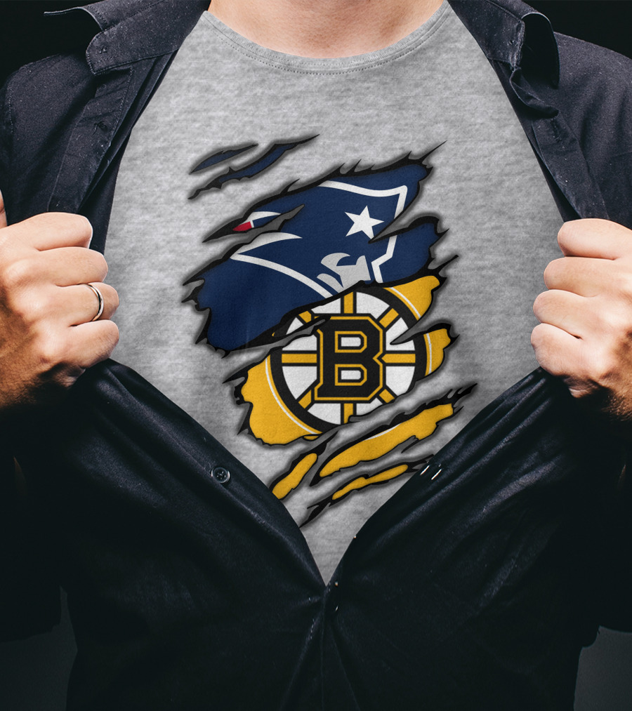 Patriots Bruins New England Football Boston Hockey Fan Collaboration T-Shirt