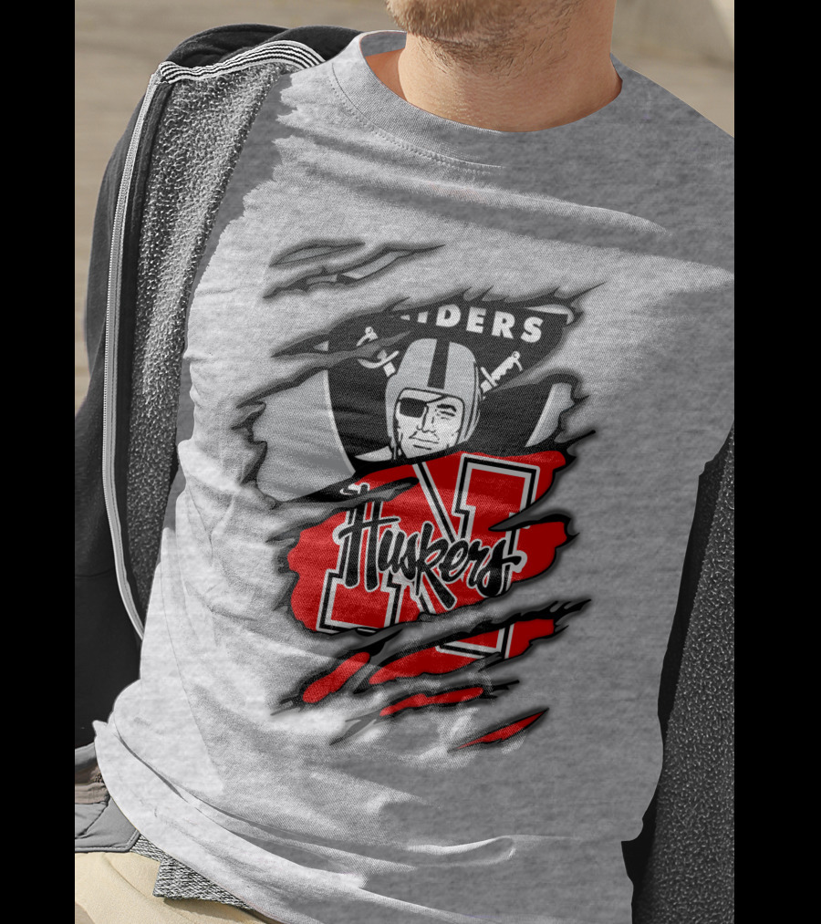 Raiders Huskers Torn Design With Icons And Symbols T-Shirt