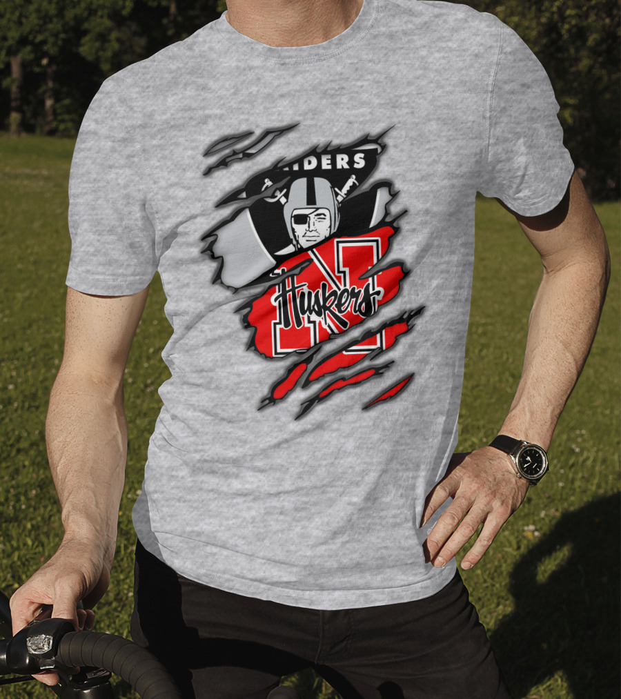 Raiders Huskers Torn Design With Icons And Symbols T-Shirt