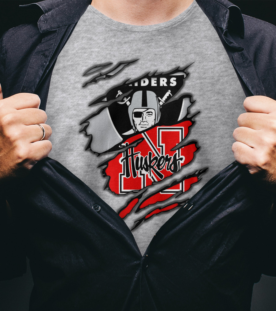 Raiders Huskers Torn Design With Icons And Symbols T-Shirt