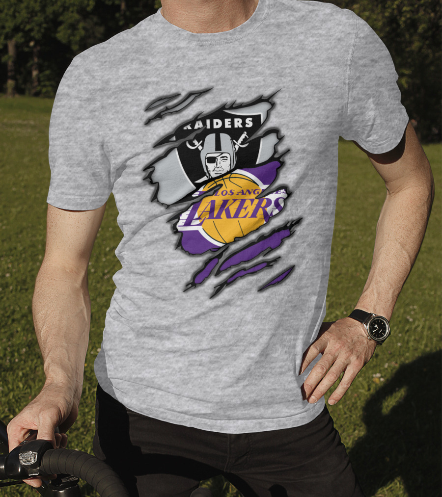Raiders Los Angeles Lakers Basketball Football Fan Mashup T-Shirt