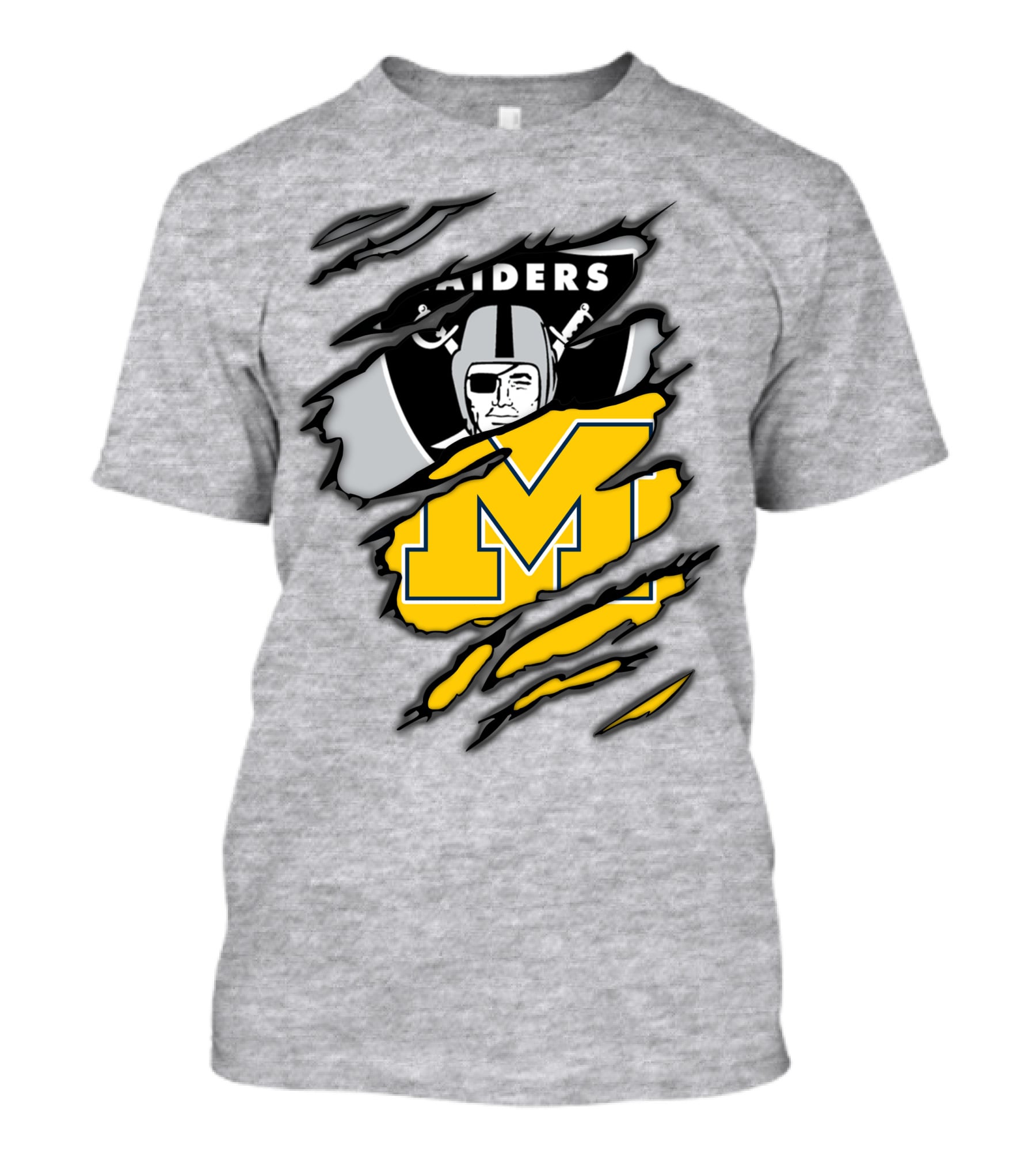 Raiders Logo With Michigan Block M Torn Overlay T-Shirt