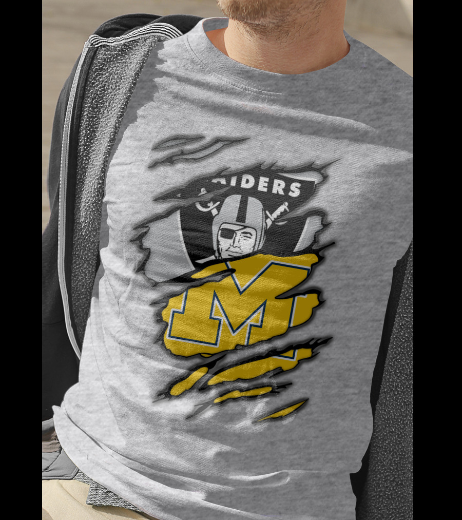 Raiders Logo With Michigan Block M Torn Overlay T-Shirt