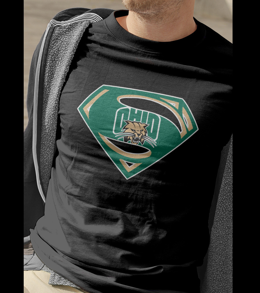 Superman Ohio Bobcats Logo Green And Gold Shield T-Shirt