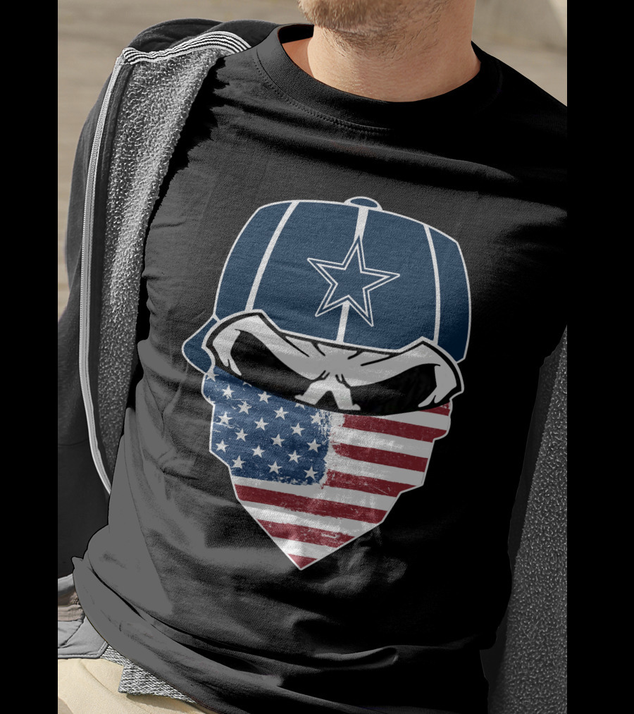 Cowboys Skull With Star Cap And American Flag Bandana T-Shirt