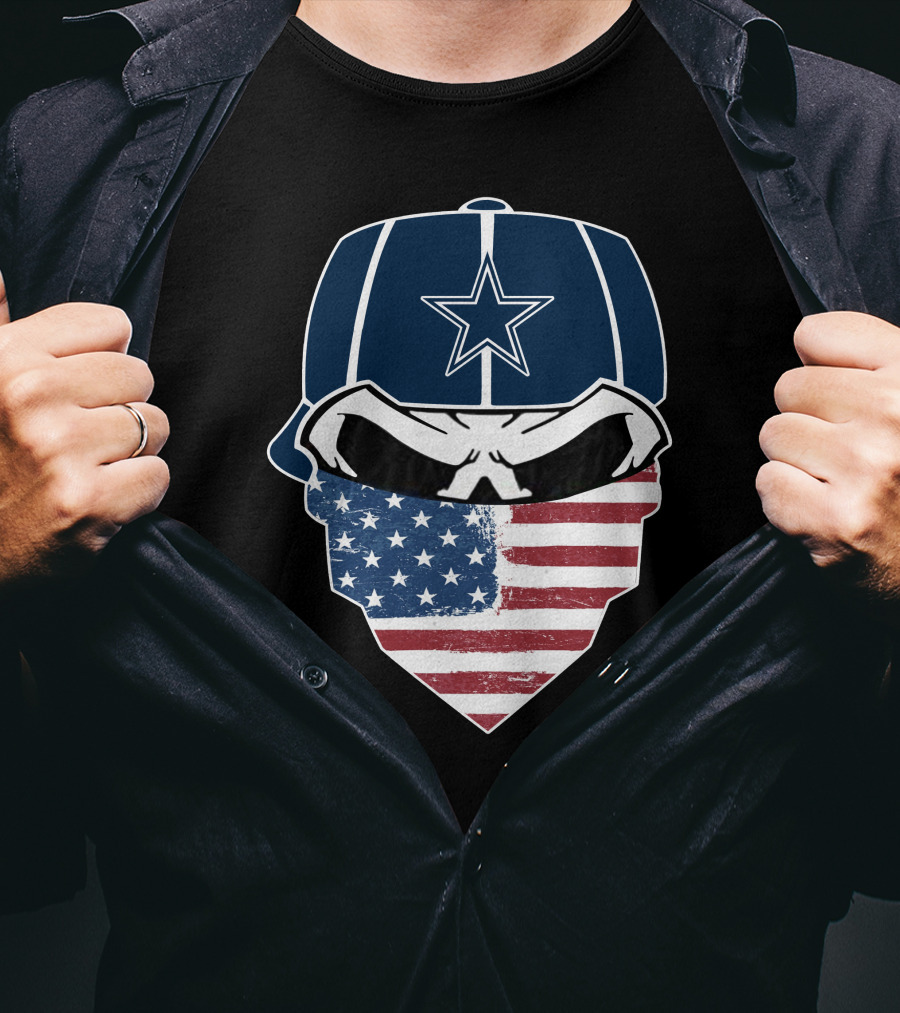 Cowboys Skull With Star Cap And American Flag Bandana T-Shirt