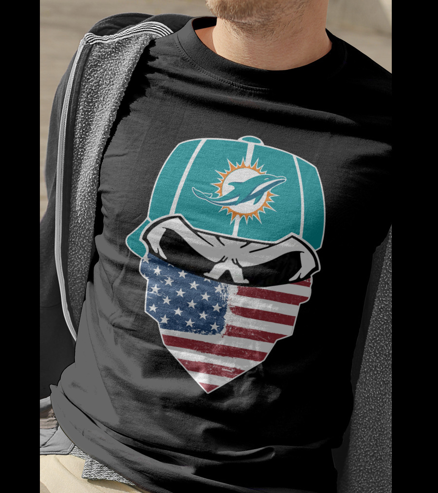 Miami Dolphins Skull American Flag Bandana T-Shirt