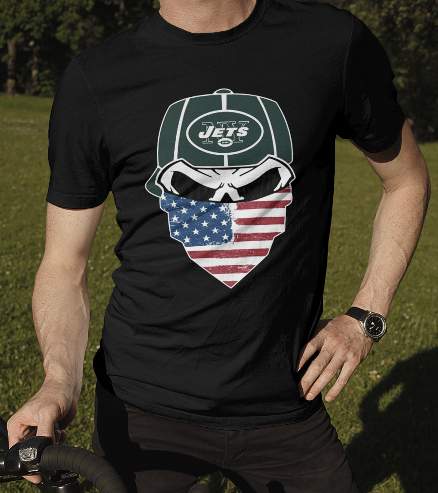 NY Jets Skull With American Flag Bandana T-Shirt