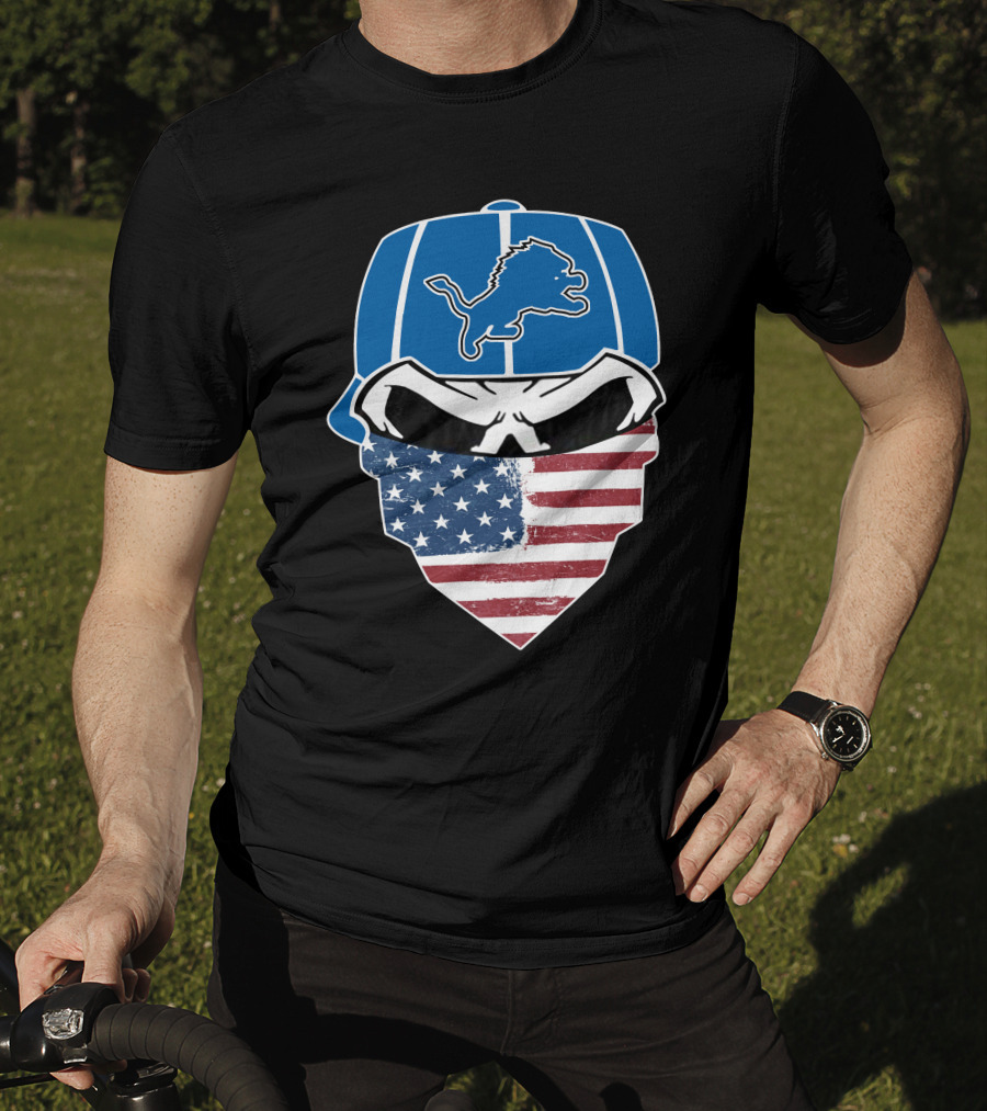 Detroit Lions Skull Bandana American Flag T-Shirt