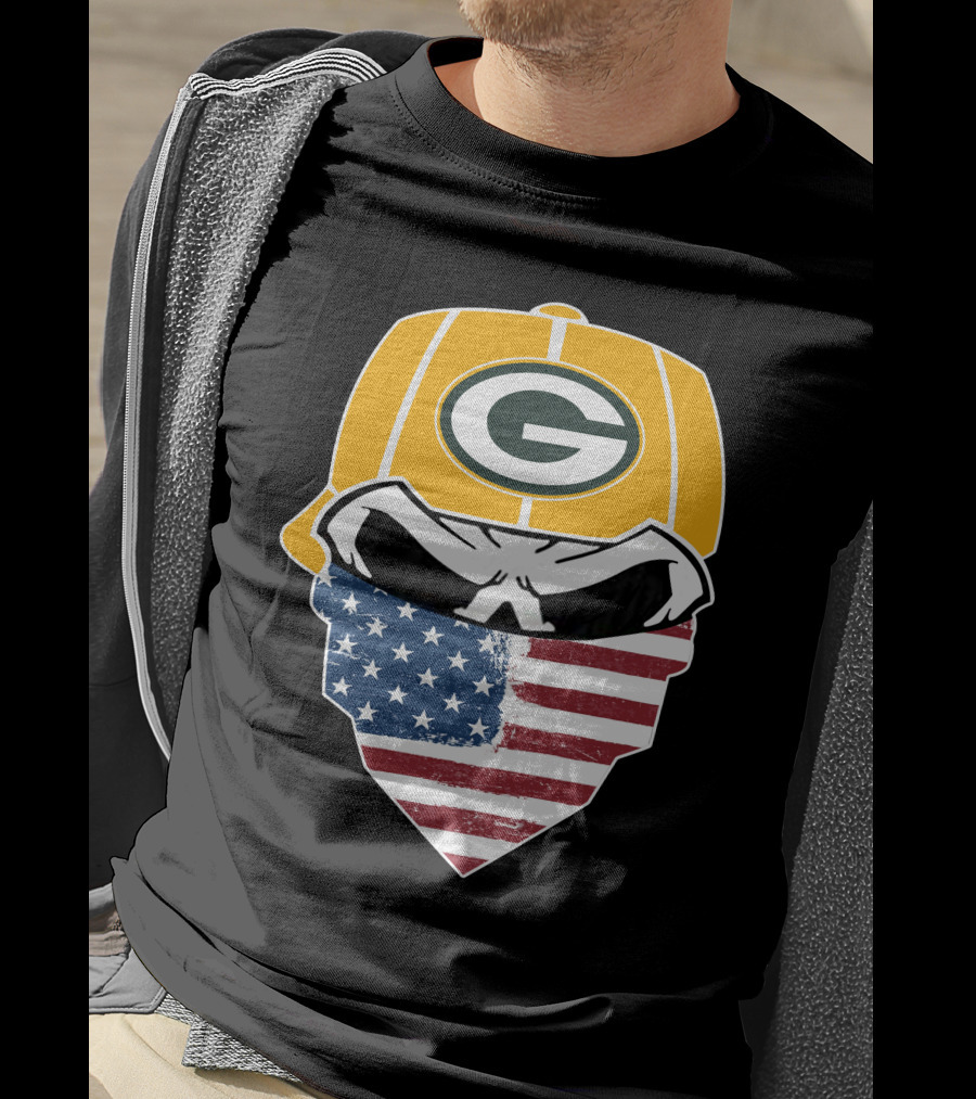 Packers Skull USA Flag Bandana Green Bay Packers Helmet T-Shirt