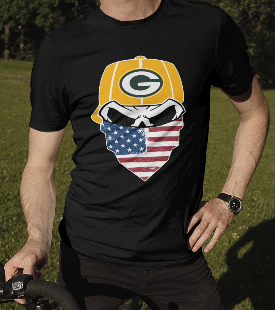 Packers Skull USA Flag Bandana Green Bay Packers Helmet T-Shirt
