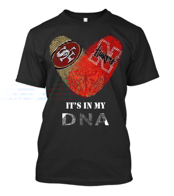 49ers And Nebraska Cornhuskers It's In My Dna Heart-Shaped Fingerprint T-Shirt