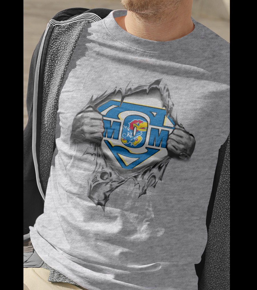 Kansas Jayhawks Super Mom Logo With Superman Emblem Torn T-Shirt