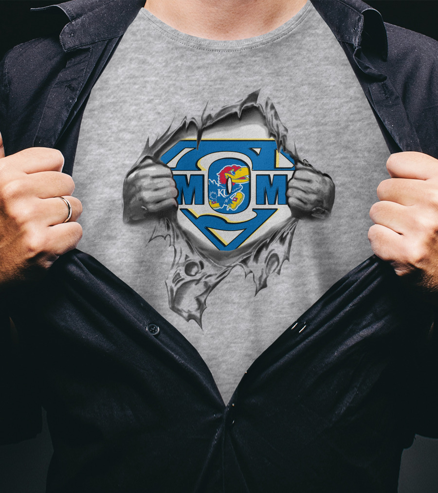 Kansas Jayhawks Super Mom Logo With Superman Emblem Torn T-Shirt