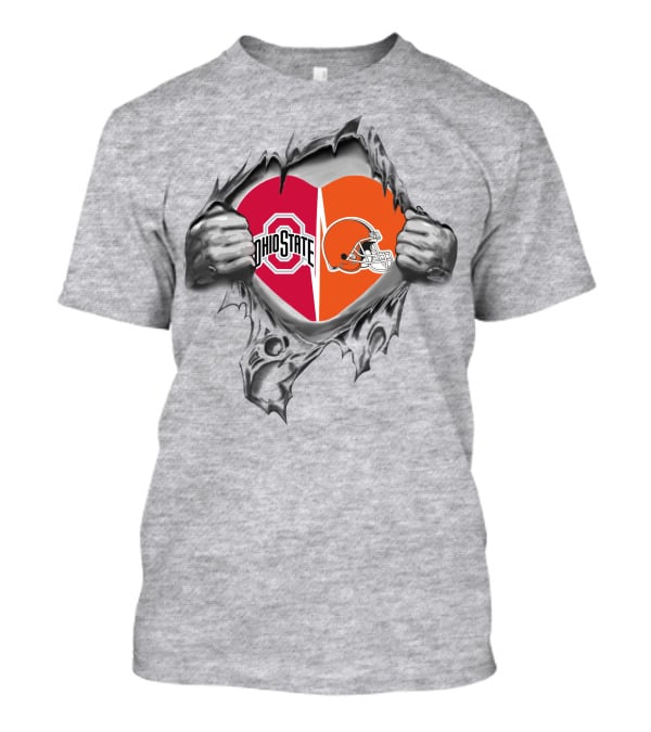 Browns Ohio State Buckeyes Heart With Helmet Logo And Scarlet Gray T-Shirt