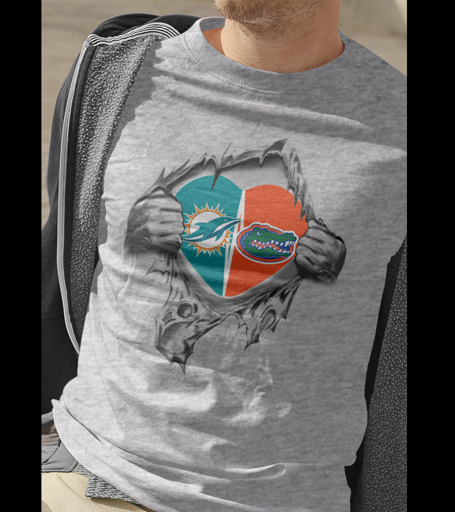 Dolphins Gators Heart Logo Split Ripped T-Shirt