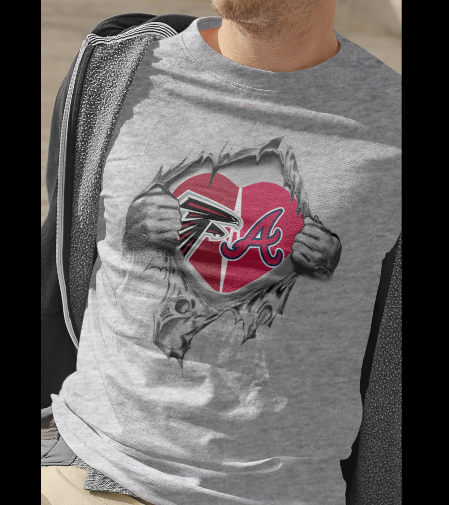 Falcons Braves Heart Symbol With Logos In Torn T-Shirt