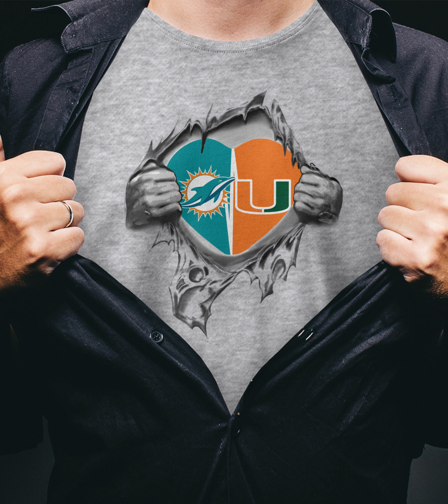 Miami Dolphins And Hurricanes Logos Heart Design It's In My Heart T-Shirt