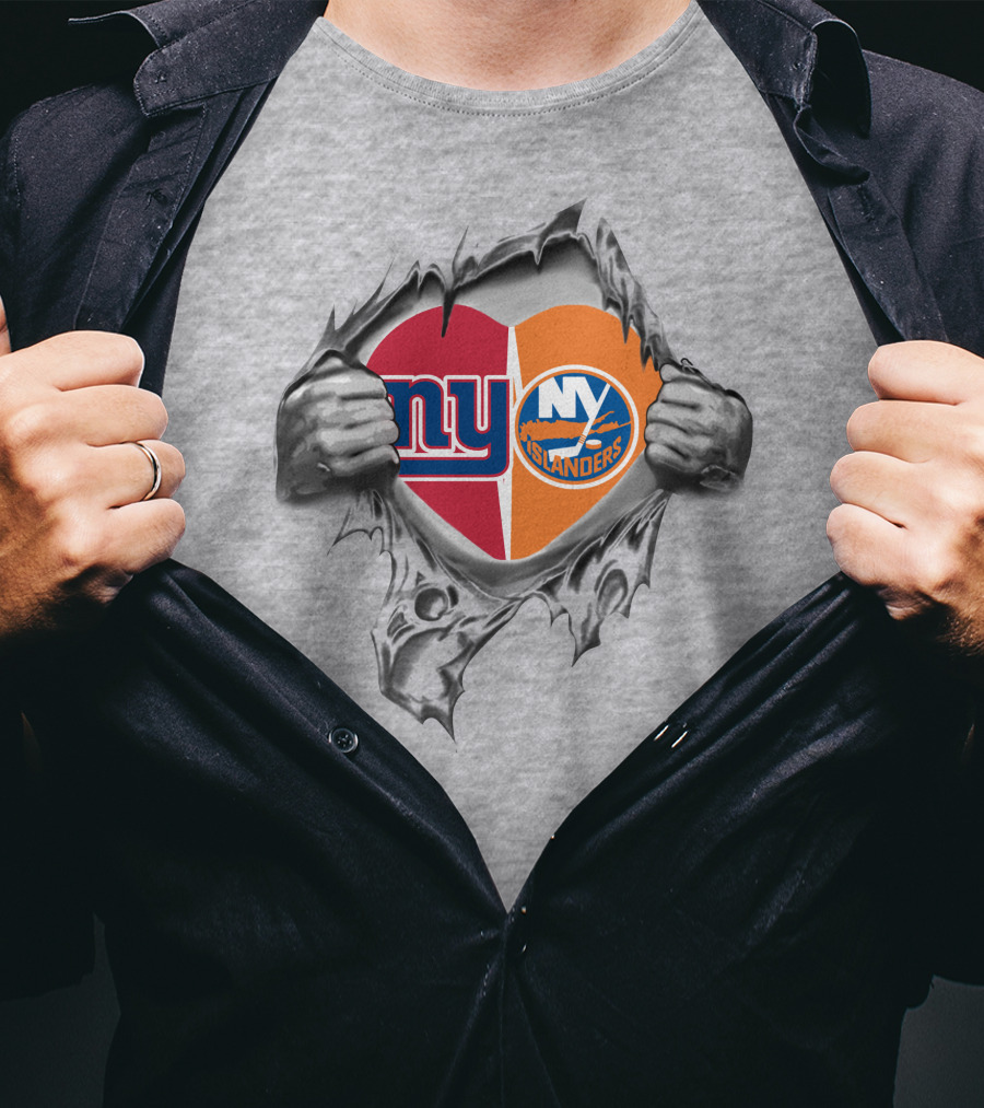 New York Giants And Islanders Heart Ripped Open T-Shirt