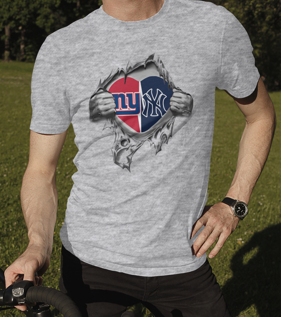 New York Giants Yankees Heart Logo Rip T-Shirt