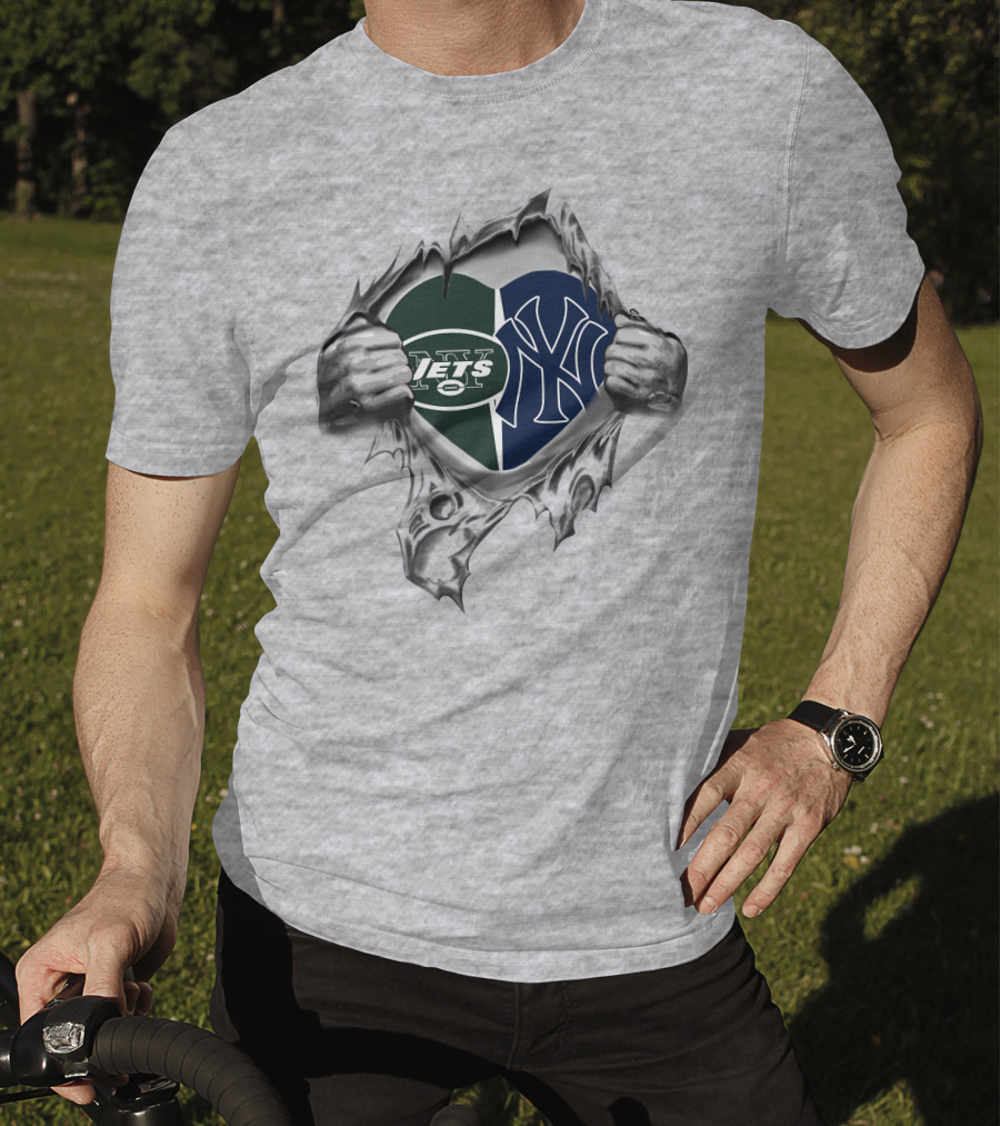 New York Jets Yankees Heart Symbol Logo Fusion T-Shirt