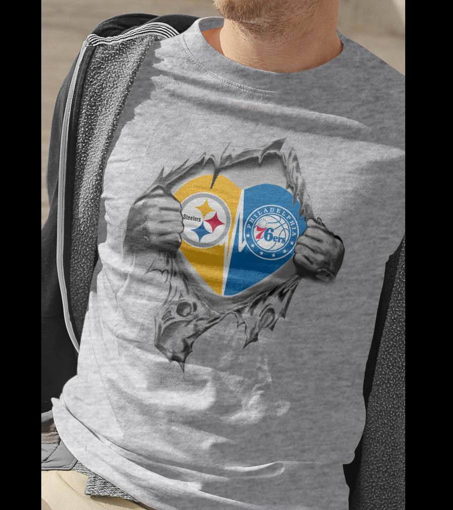 Steelers 76Ers Philadelphia Heart Logos Hidden Behind Rip Effect T-Shirt
