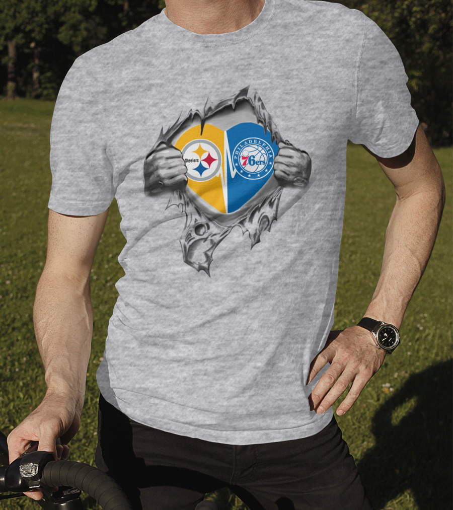 Steelers 76Ers Philadelphia Heart Logos Hidden Behind Rip Effect T-Shirt