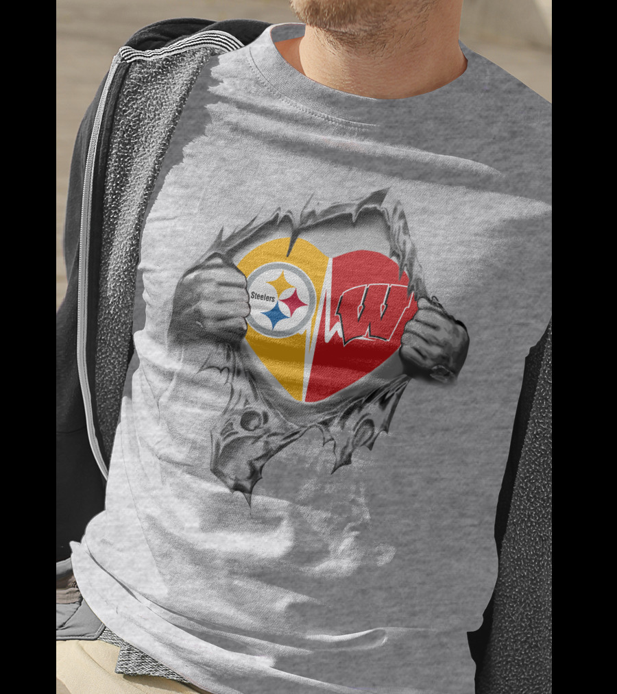 Steelers Badgers Heart With Logos In Torn T-Shirt
