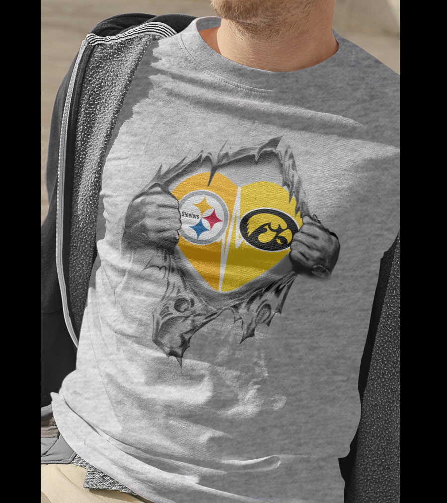 Steelers Hawkeyes Heartbeat Inside Layered Heart T-Shirt