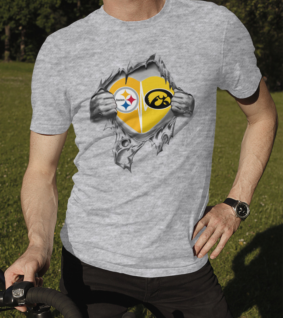 Steelers Hawkeyes Heartbeat Inside Layered Heart T-Shirt
