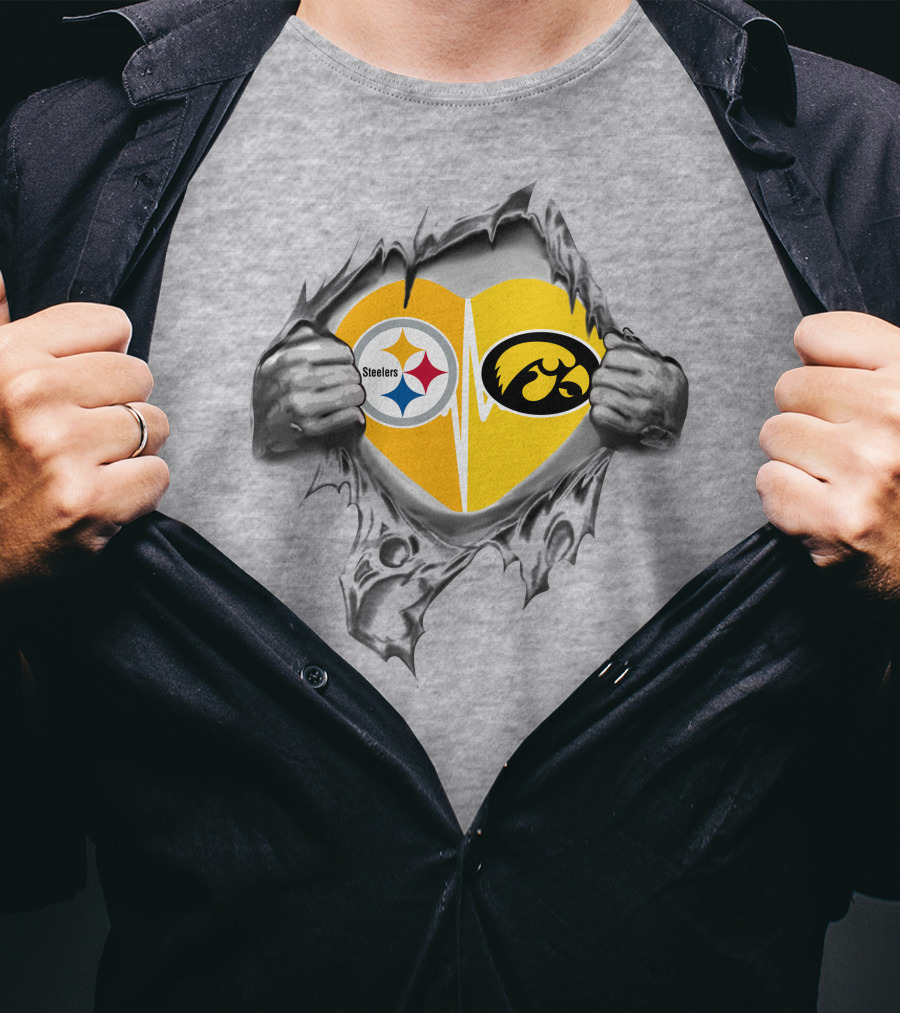 Steelers Hawkeyes Heartbeat Inside Layered Heart T-Shirt