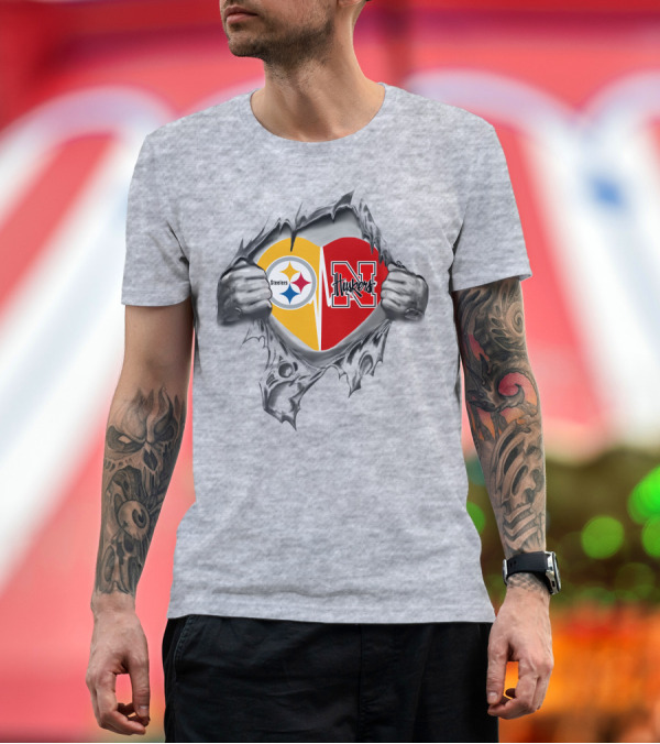 Premium T-Shirt: Steelers Huskers Heart Rip T-Shirt Steelers Huskers Heart Rip T-Shirt